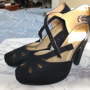 Black suede T-strap heels